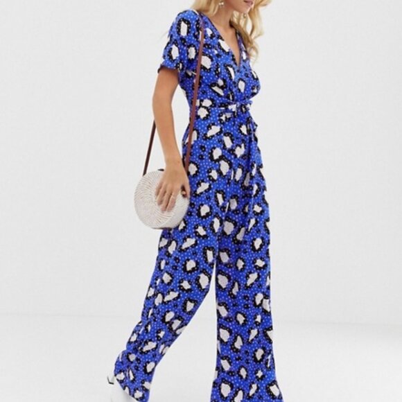 ASOS Electric Blue Pink Animal Print Polka Dot Wide Leg Jumpsuit 6 - Picture 4 of 13